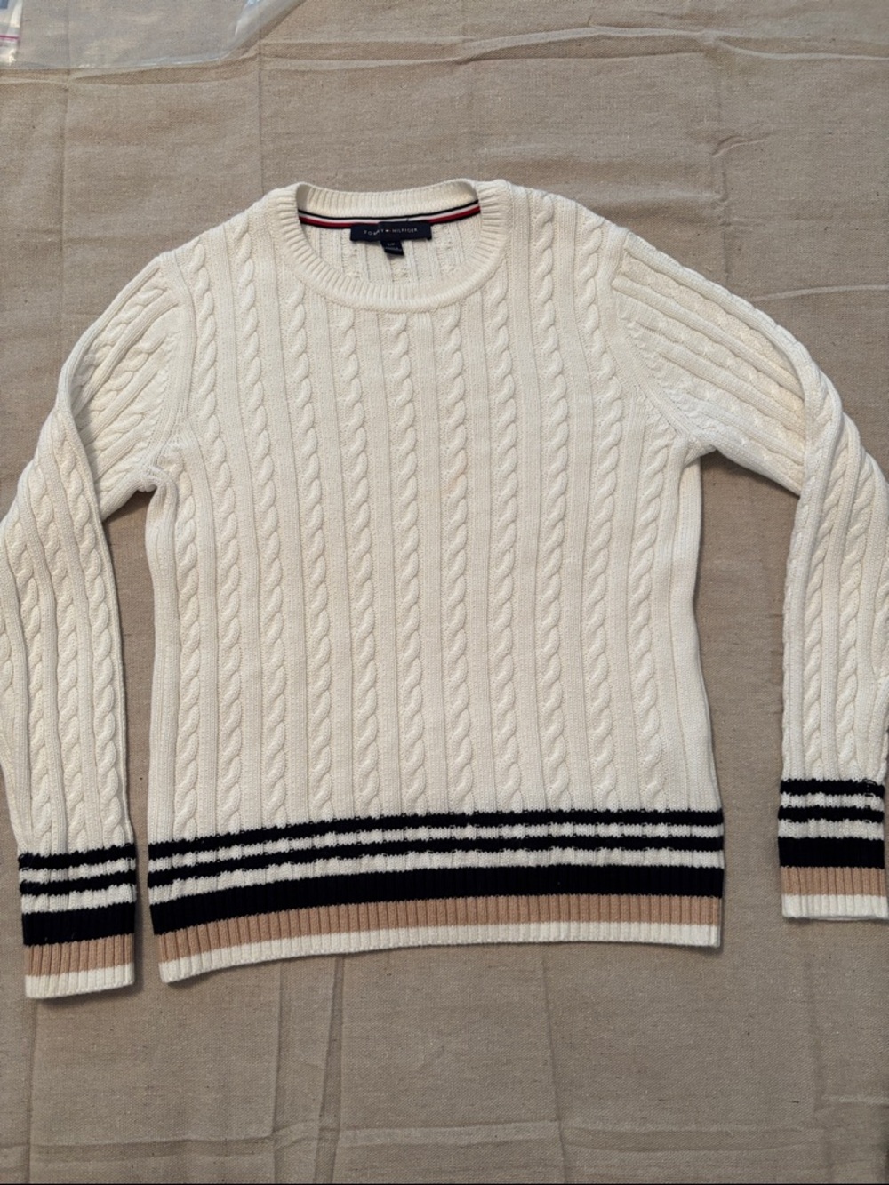 Tommy Hilfiger Cream Cable Knit Crewneck with Navy and Tan Trim S
